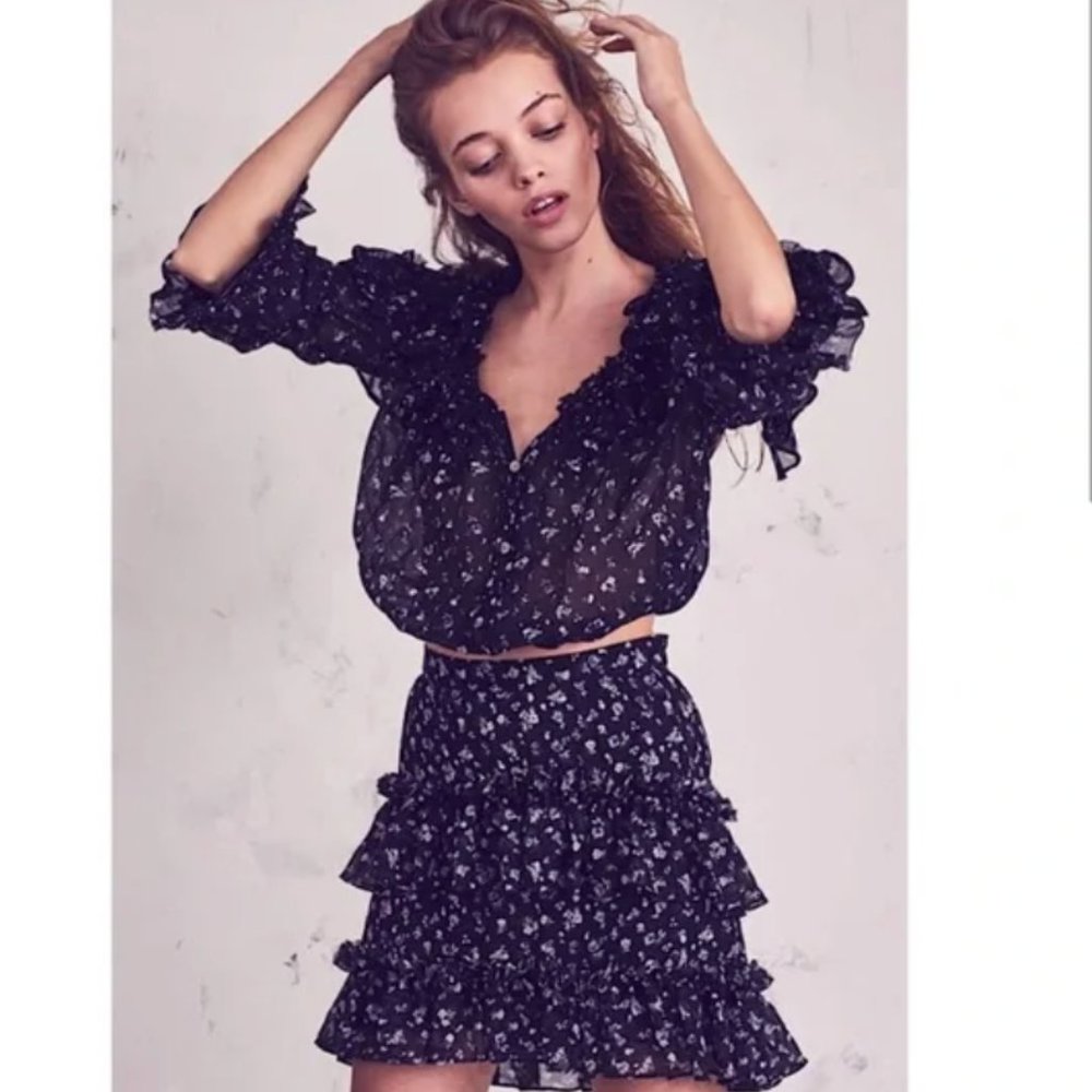 SET Loveshackfancy popover top and lily silk skirt set in black jardin print
